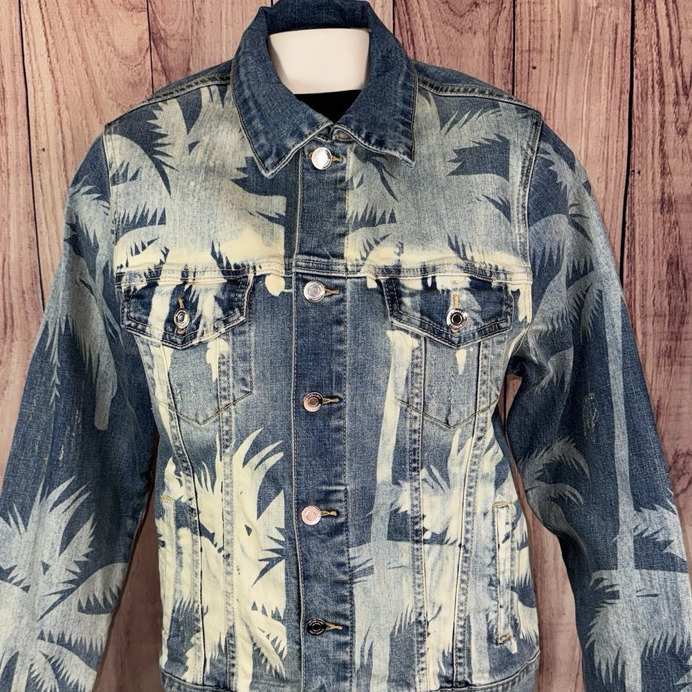 Embellish Distressed Jean Jacket Air Brush Palm Trees Front/Back Rare Adult Sz M